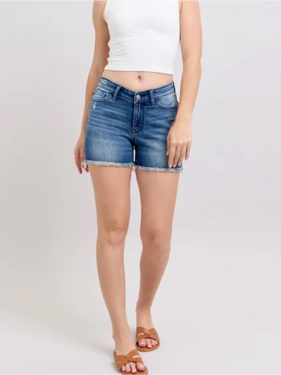 Judy Blue V-Front High Waist Medium Blue Frayed Hem Denim Shorts Size L